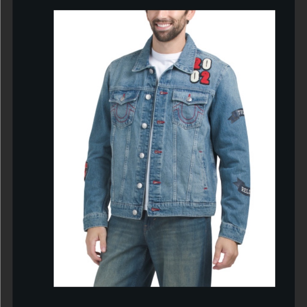 True Religion Jesse SN Patch Trucker Denim Jacket Lt Autumn Walk Size XL NWT